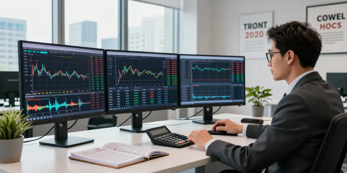 Trader analyzing forex market live prices in a modern office setup with multiple monitors and financial tools.