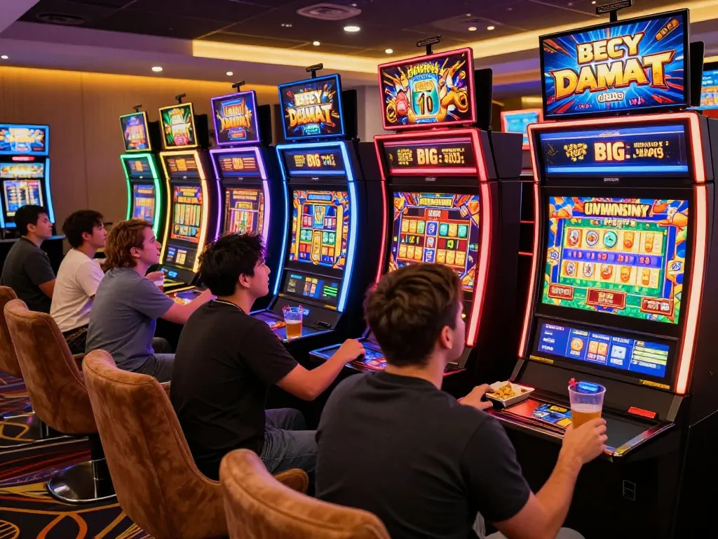 Engaging gaming atmosphere with players enjoying slot gacor hari ini at colorful online casino.