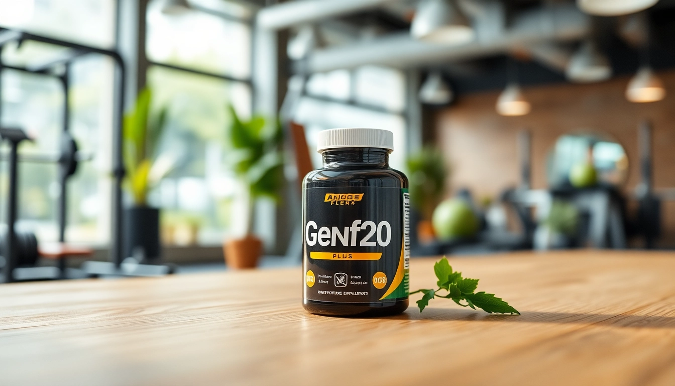 Engaging display of Genf20 Plus supplements showcasing its health benefits amidst a vibrant fitness setting.