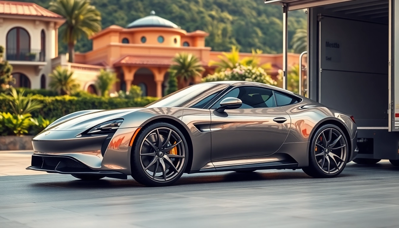 High-end Car Transport scene with a luxury sports car being loaded onto a transport truck