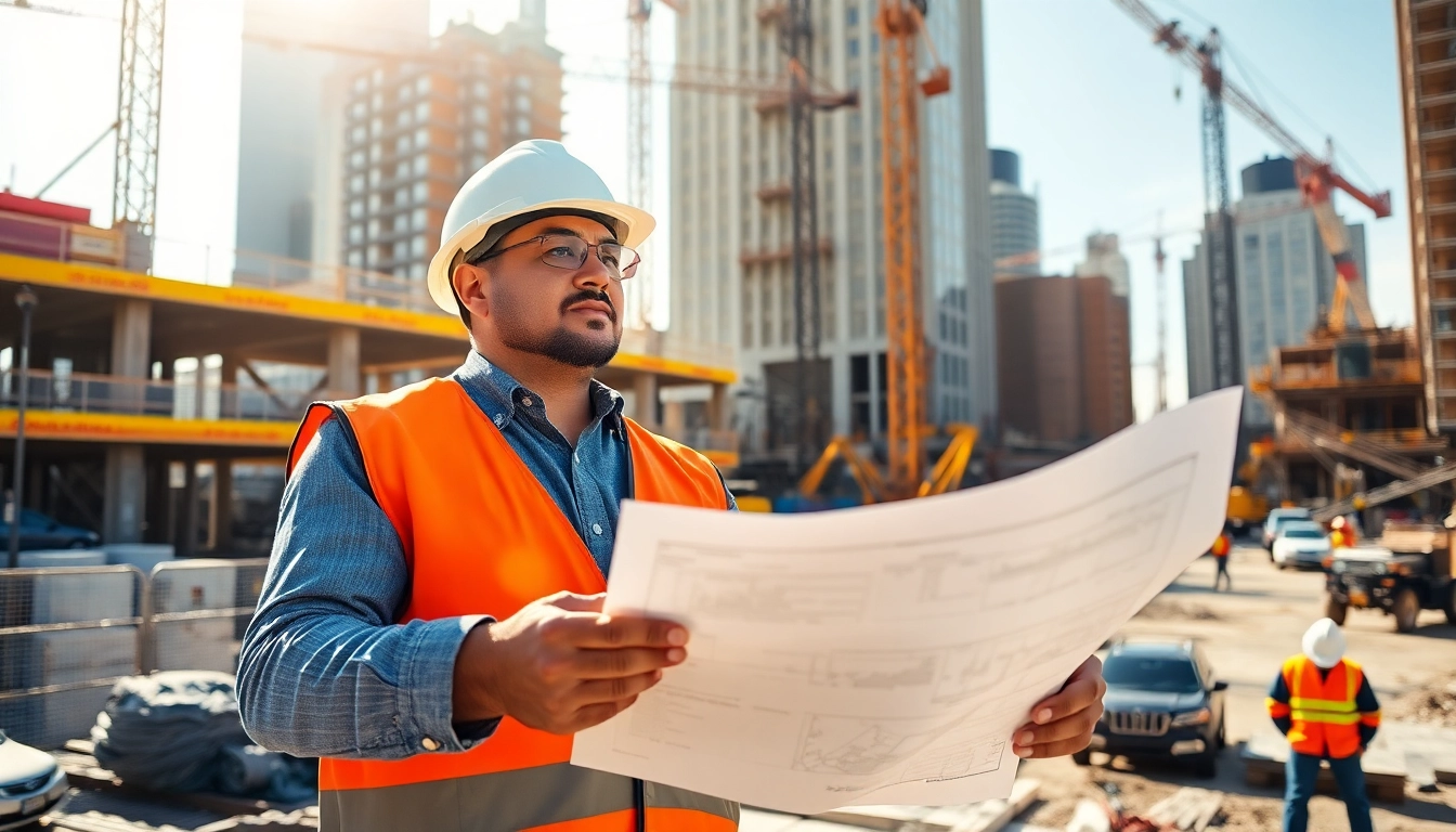 New York Construction Manager leading a site visit with blueprints in hand.