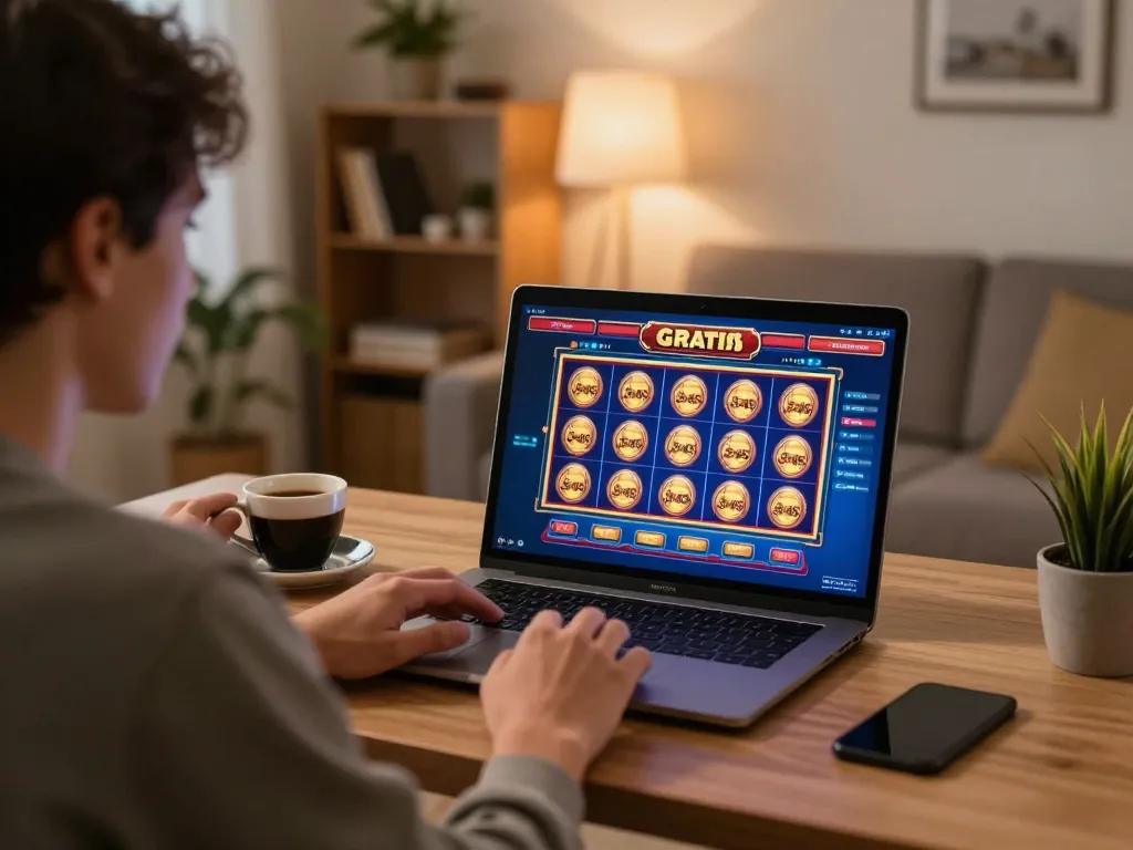 Enjoying slot gratis gaming experience on a laptop in a cozy home setting