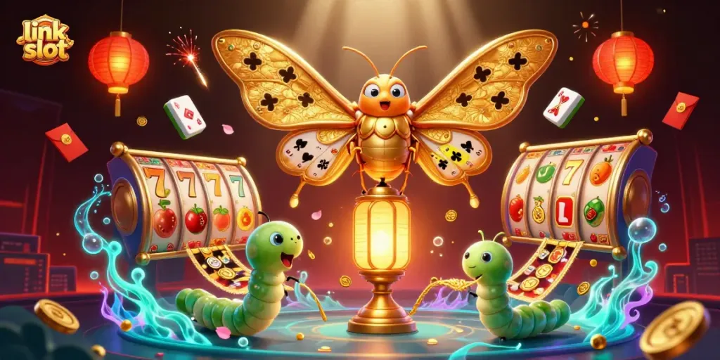 Menggulung slot dalam permainan di link slot dengan simbol keberuntungan dan kombinasi warna yang menarik.