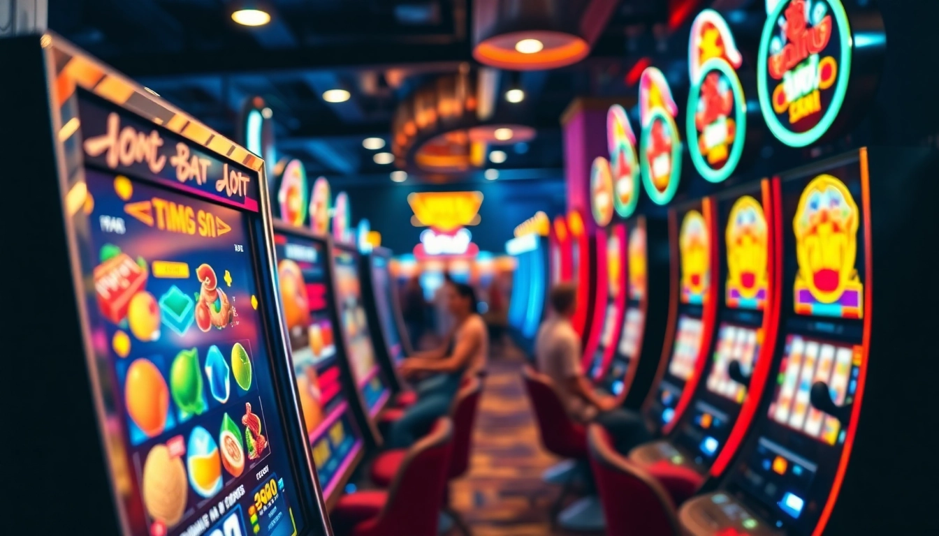 Menangkan permainan slot depo 5k dengan menampilkan mesin slot berwarna cerah dan pemain yang antusias.