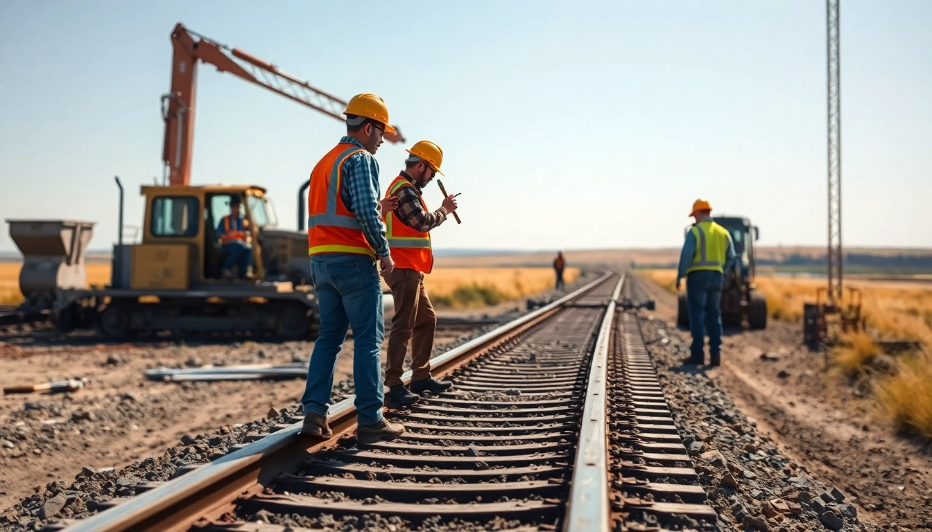 Great plains rail contractors working collaboratively on a rail construction site.