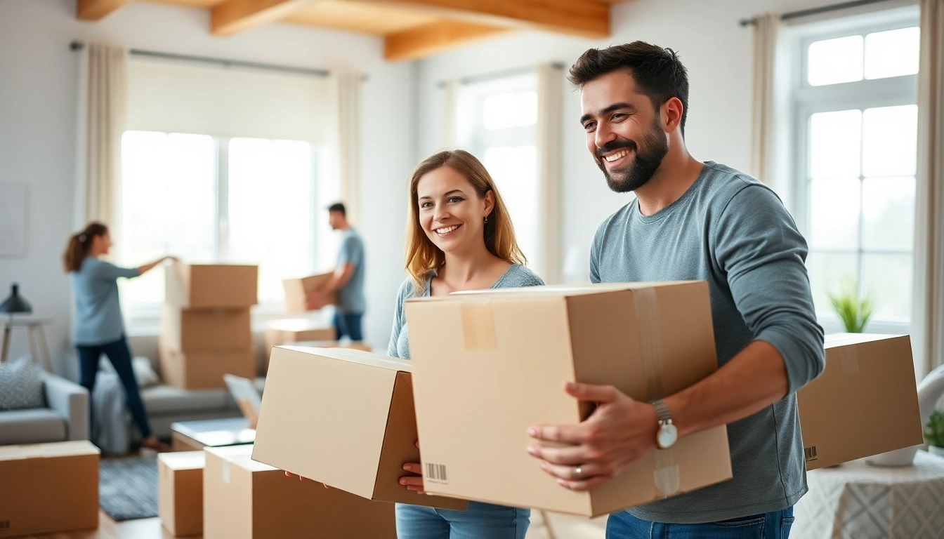 Long distance movers helping a family pack boxes in a bright living room, ensuring a smooth relocation.