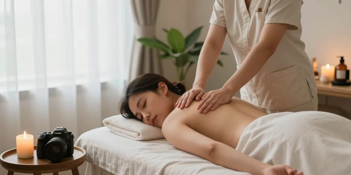 마사지 받는 모습과 아늑한 마사지 공간의 조화로운 장면