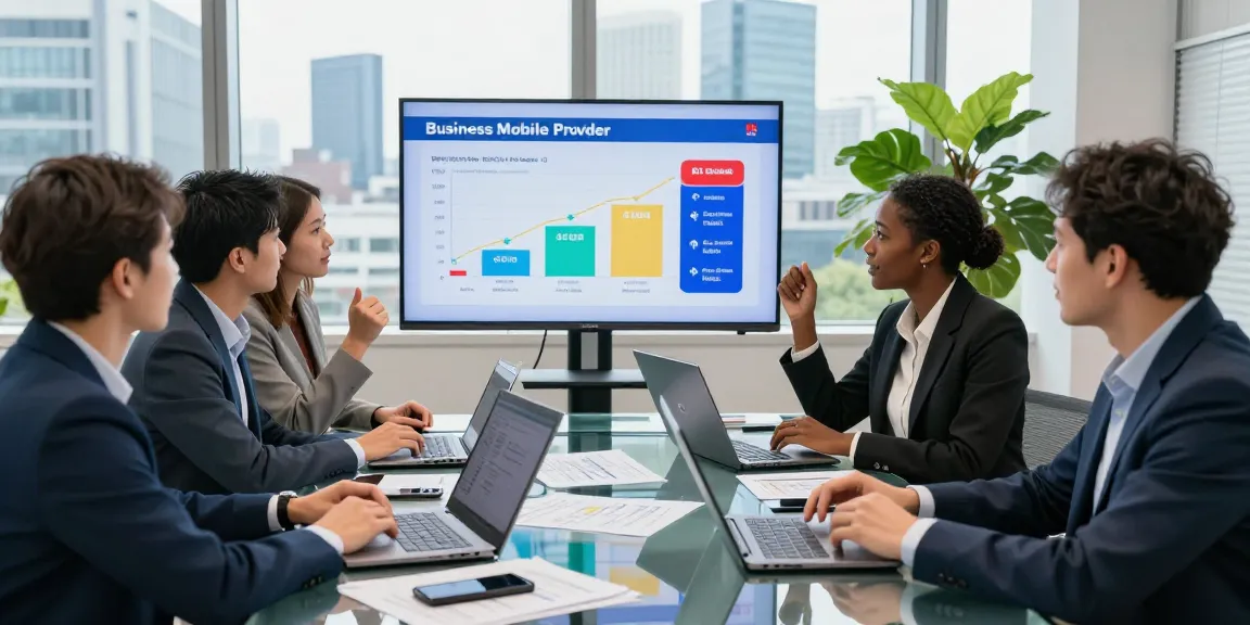 Business team evaluating options from various business mobile providers UK, showcasing collaboration and strategic planning in a modern office.