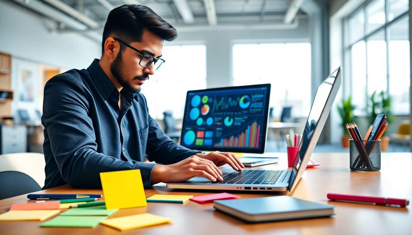 Engaged professional at work with a laptop, showcasing https://wpedition.com's innovative office space
