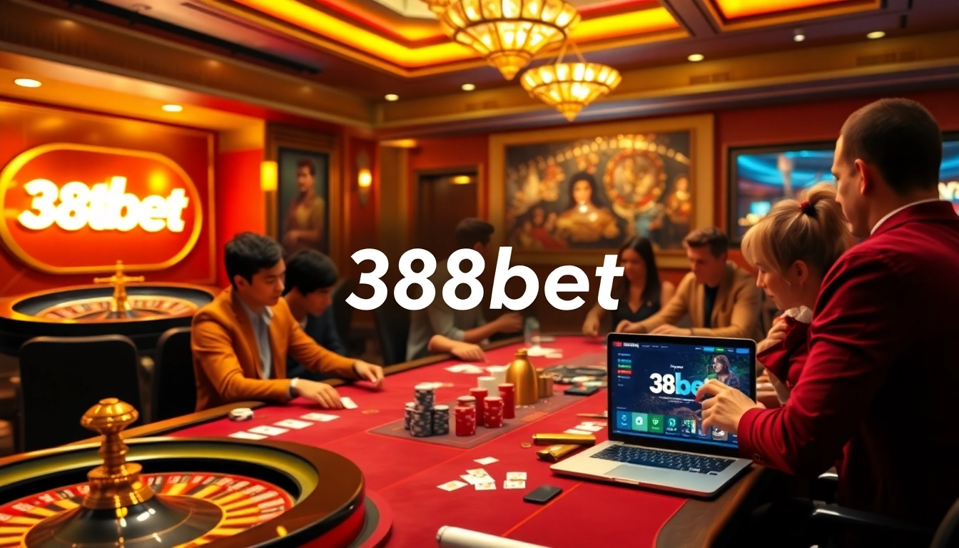 Players enjoying poker and roulette in a vibrant casino scene with 388bet prominently featured.