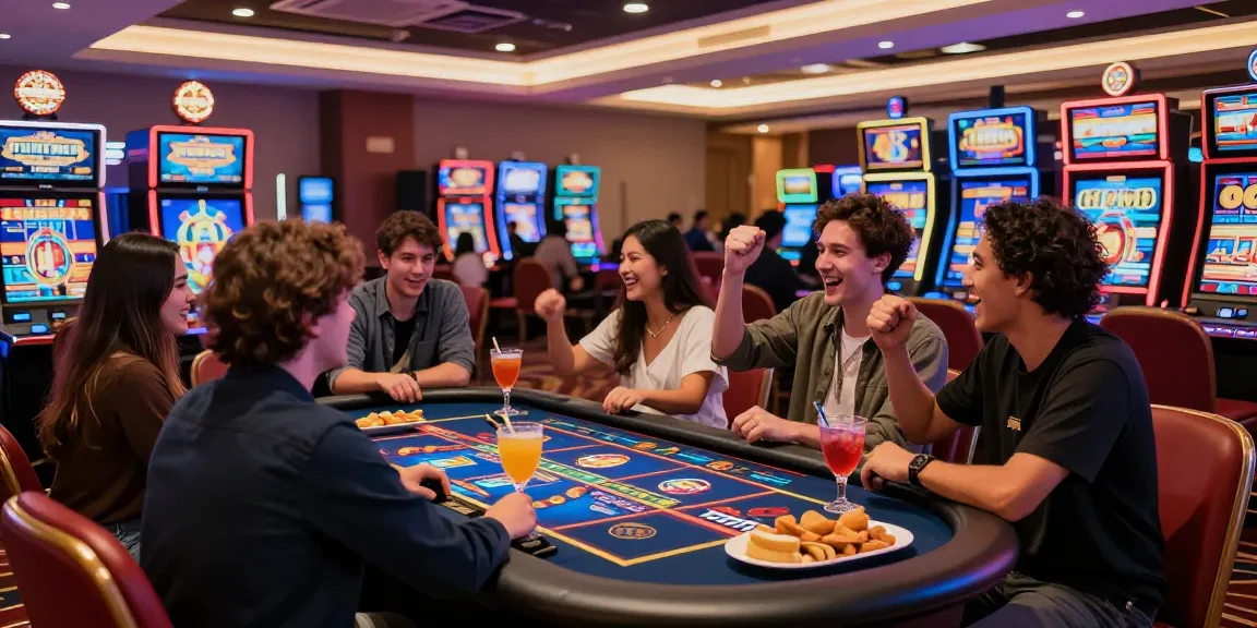 Exciting JPTOTO gaming experience in a lively casino setting, bright slot machines and cheerful players.