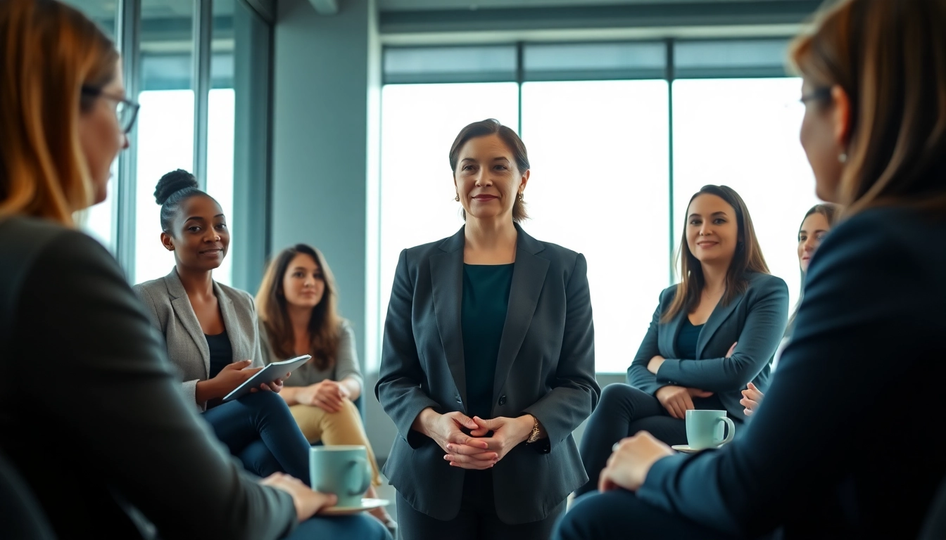 Empowering women’s executive coach guiding future leaders in a professional setting.