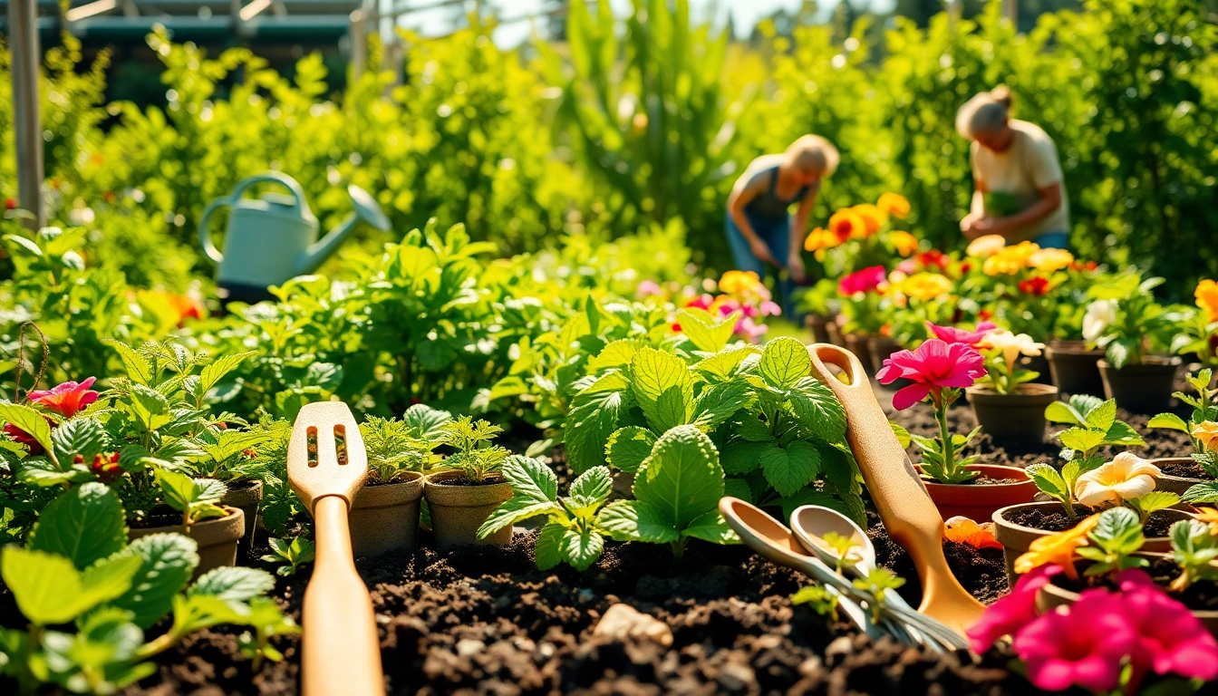 Gardening community garden with diverse plants and tools, highlighting vibrant colors and community effort.