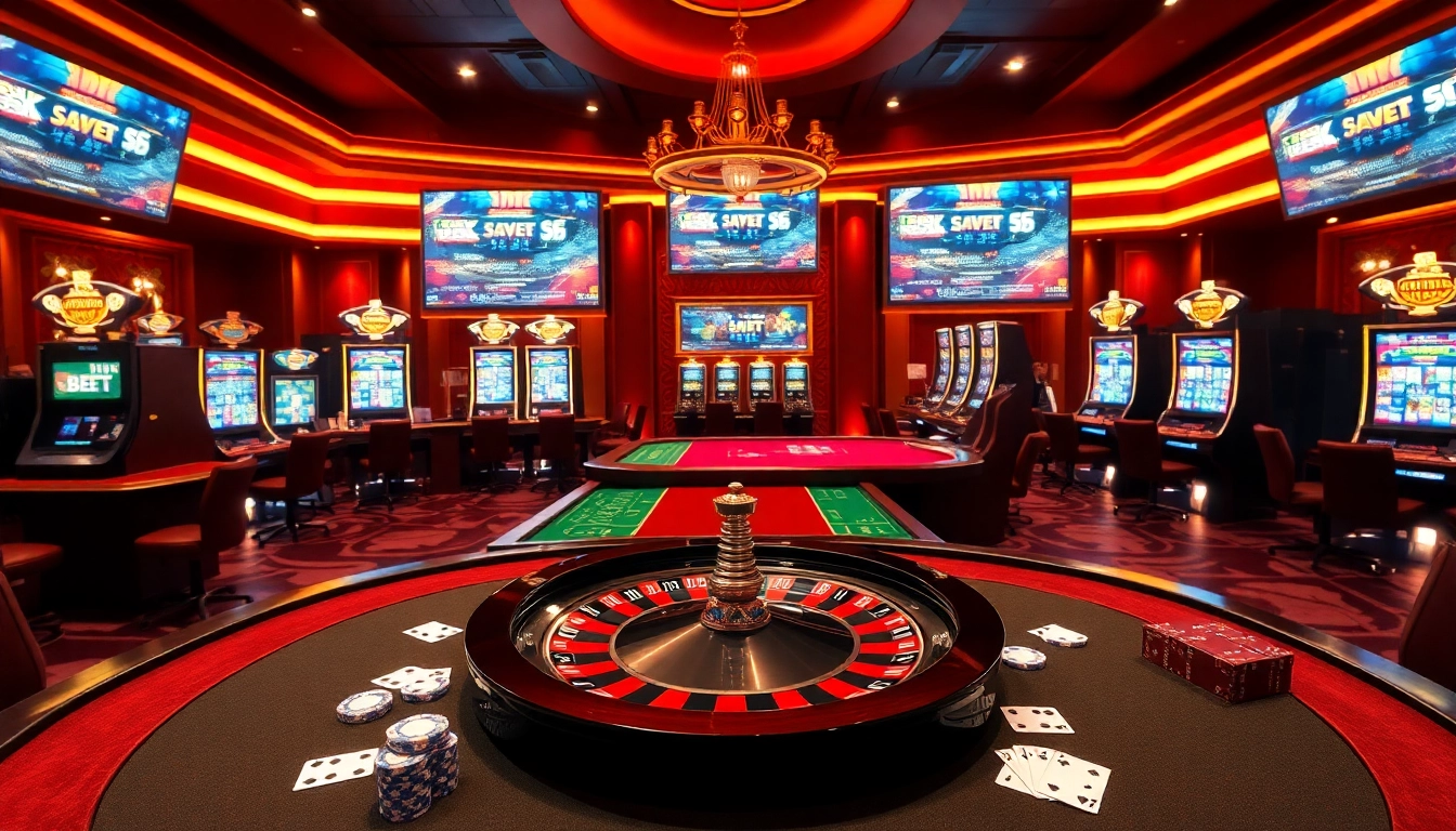Experience the thrill of betting and gaming with link 28bet in an elegant casino setting featuring poker tables and vibrant slot machines.