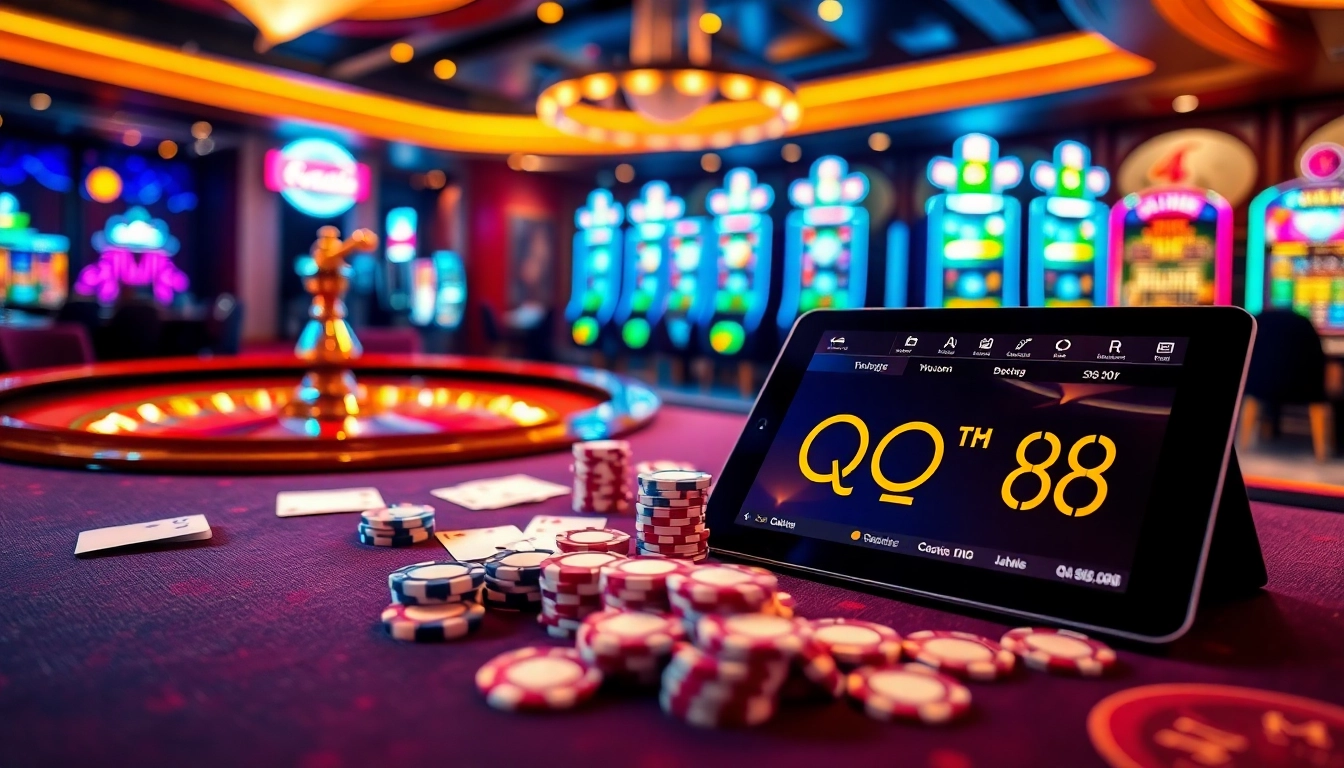 Experience exciting gameplay at Trang Chủ QQ88 with vibrant casino tables and colorful slot machines.