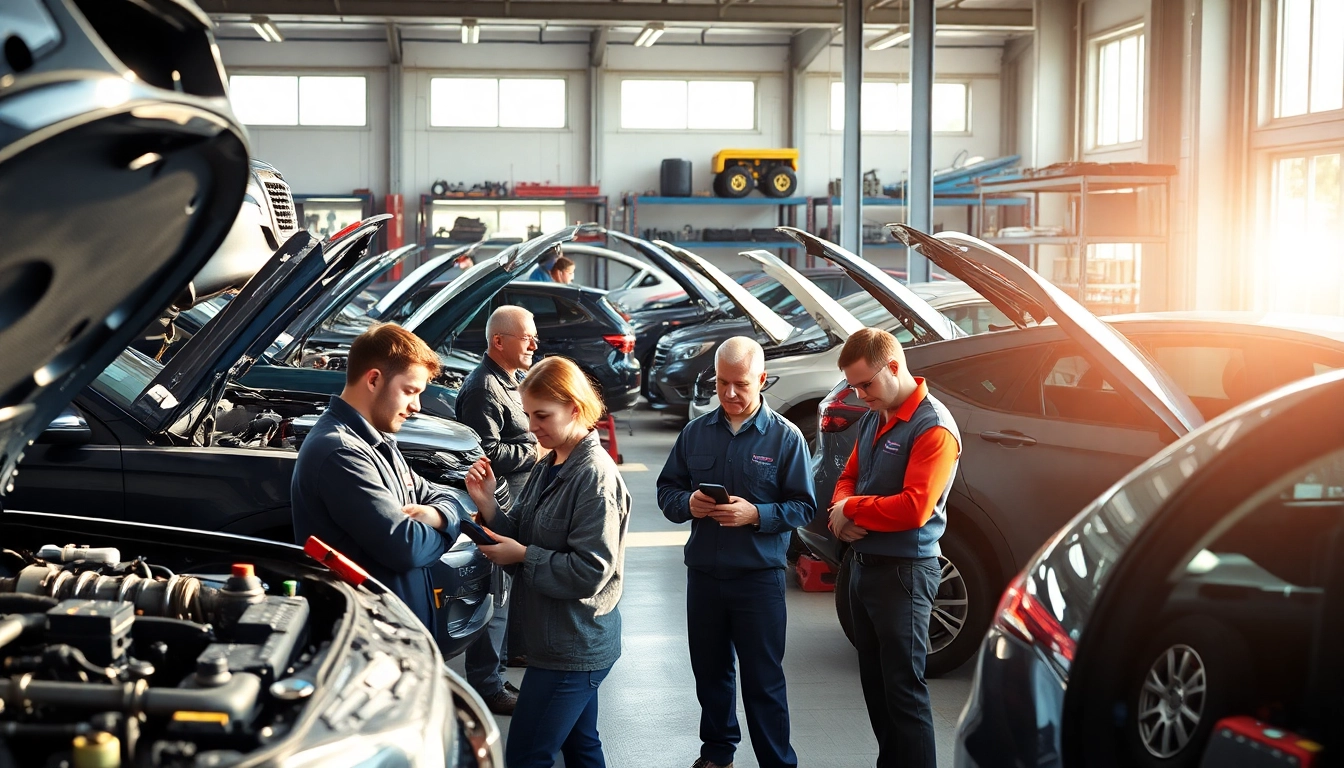 Find local auto repair near me with professional mechanics in a busy garage.