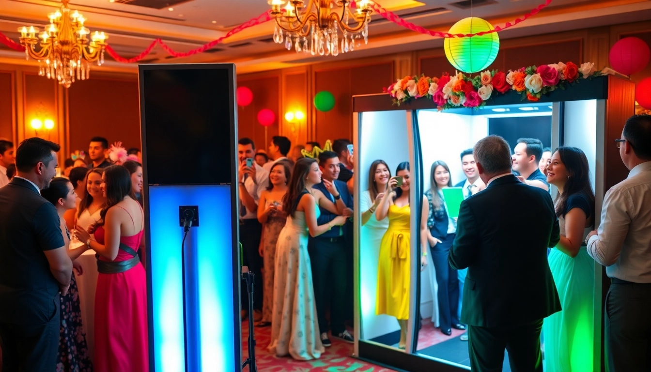 Guests enjoying a photo booth rental at a vibrant event with fun props.