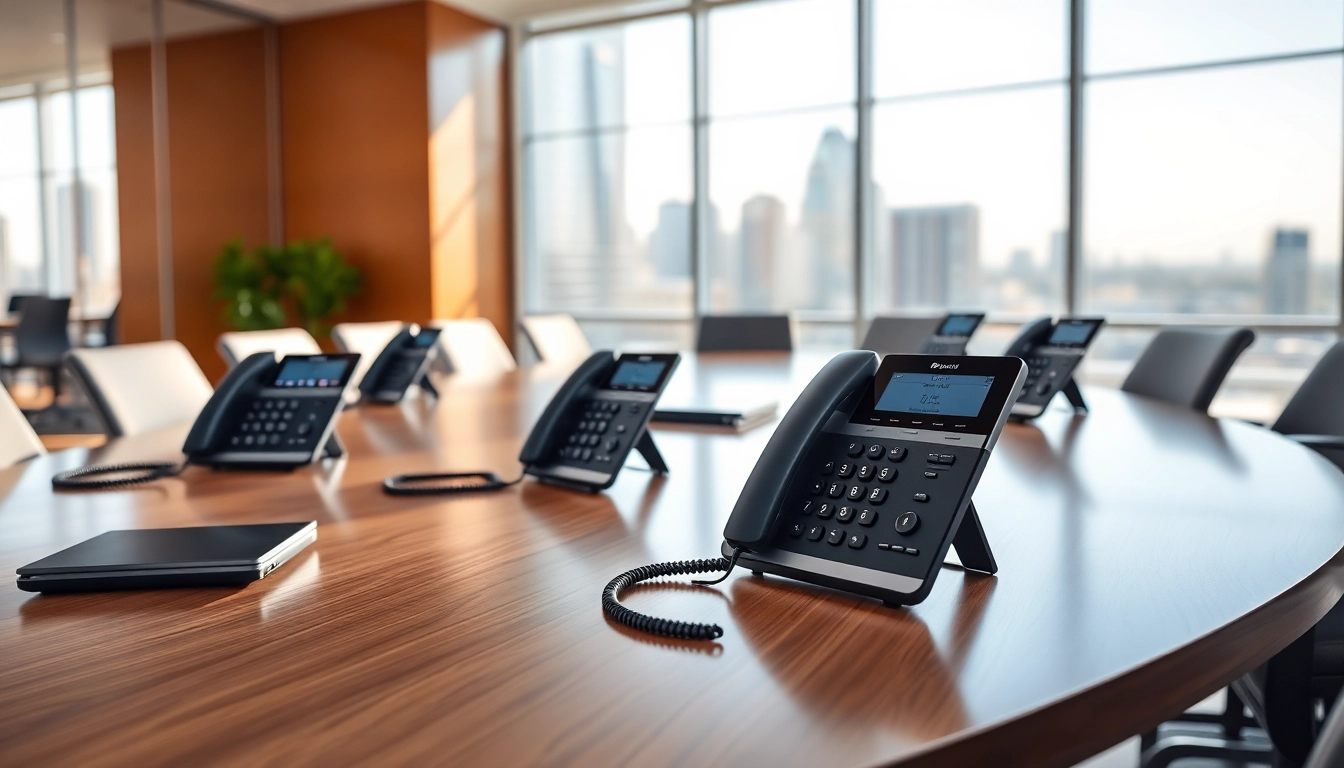 Showcasing business phone systems in a sleek office with modern design and professional setup.