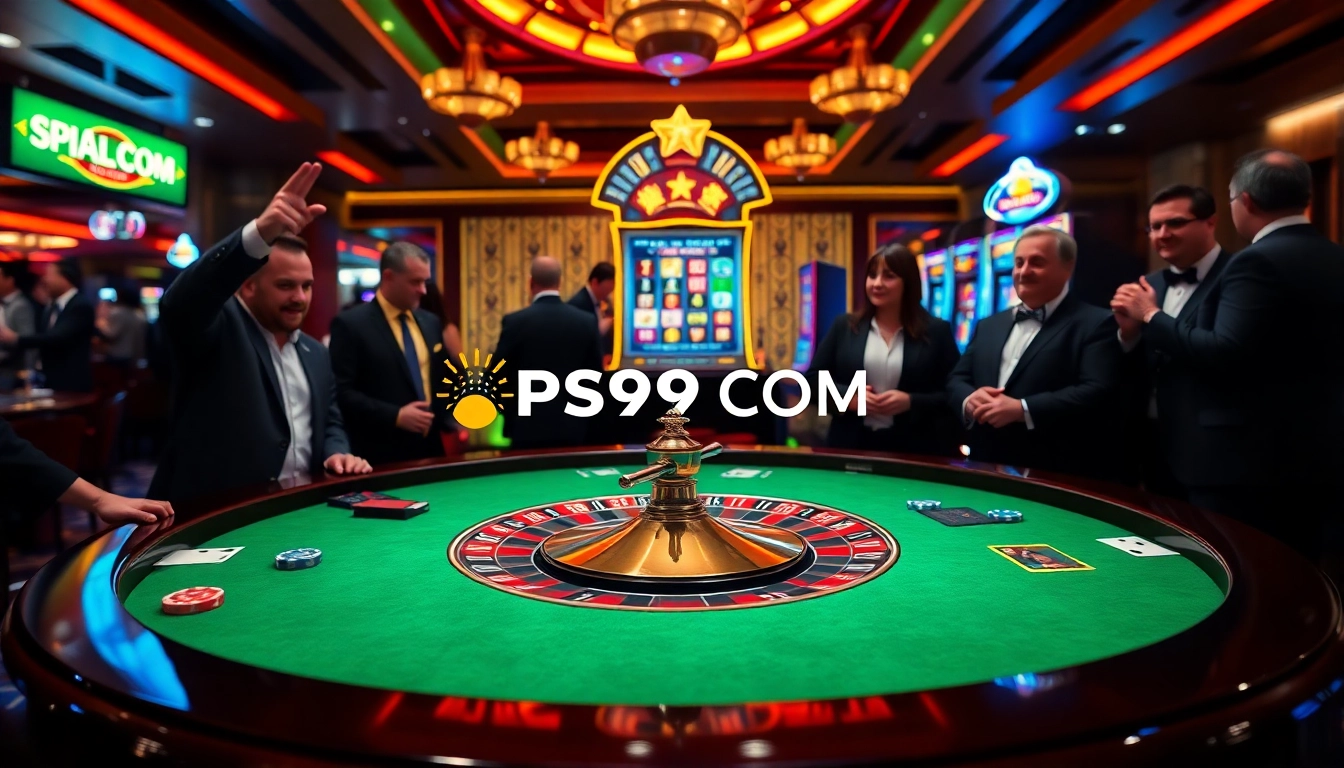 Immersive casino scene showing players at roulette and slots, emphasizing PS99 COM excitement.