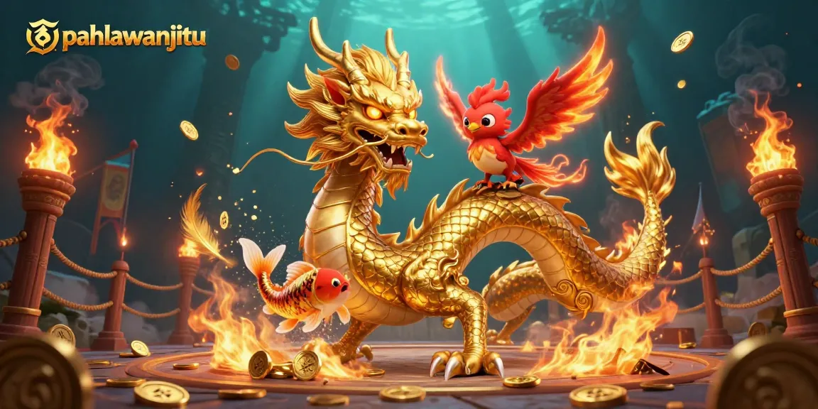 Engage with pahlawanjitu's dynamic gaming experience featuring a golden dragon, phoenix, and koi amidst vibrant casino elements.