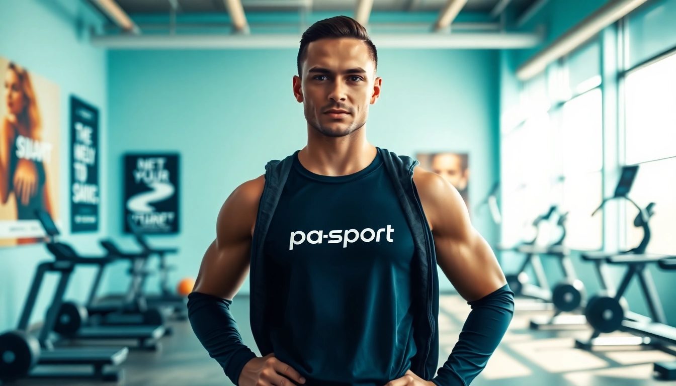 Mettre en valeur la mode athlétique portant le vêtement pa-sport dans une salle de sport moderne.