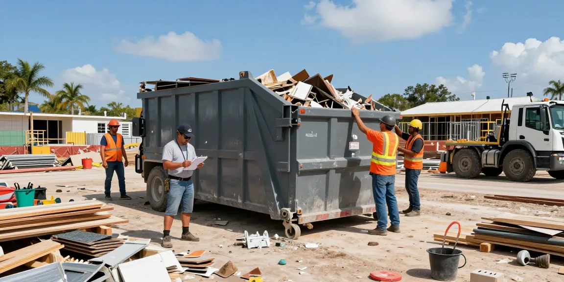 Active construction site in Pompano Beach FL showing contractors using a dumpster rental for efficient waste management.