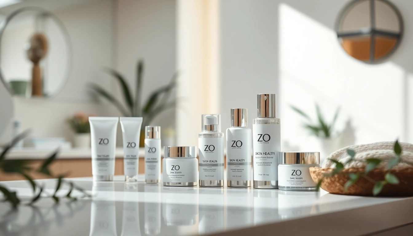 Ein elegantes Arrangement von ZO Skin Health Schweiz Produkten auf einem makellosen Tresen im Beauty-Salon.
