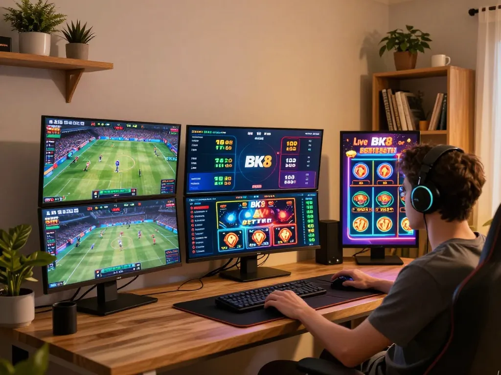 Player strategizing sports bets on BK8 platform with multiple screens visible in a cozy home setting