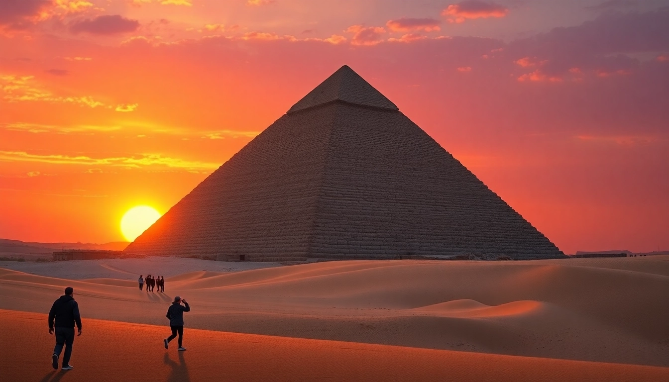 Visitors admiring the stunning Egyptian pyramids, featured on https://piraminds.com/ amidst a vibrant sunset.