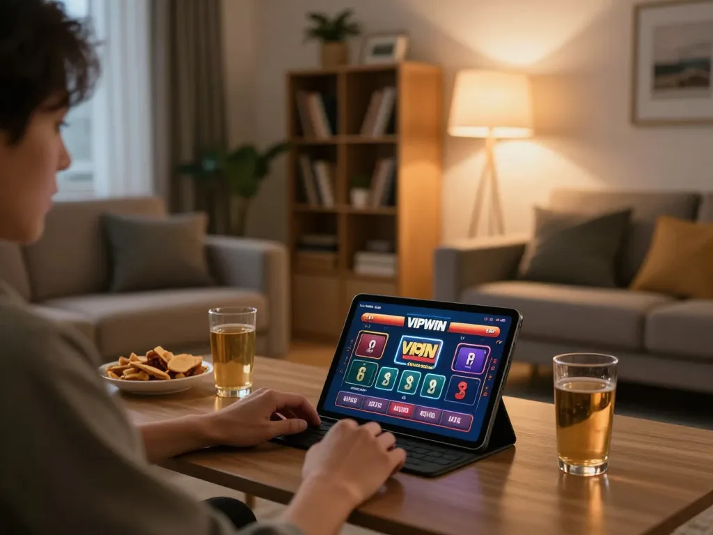 Player enjoying a VIPWIN session on a tablet with cozy home atmosphere.