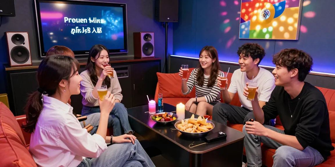 강남쩜오 프리미엄 노래방에서 즐거운 시간을 보내는 친구들, 다양한 음료와 스낵, 고급 음향 시스템, 화려한 조명이 어우러진 분위기