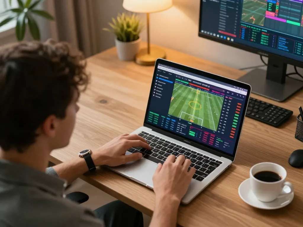 Engaging sports betting scene highlighting server thailand with a person analyzing odds and metrics for a live sports event.
