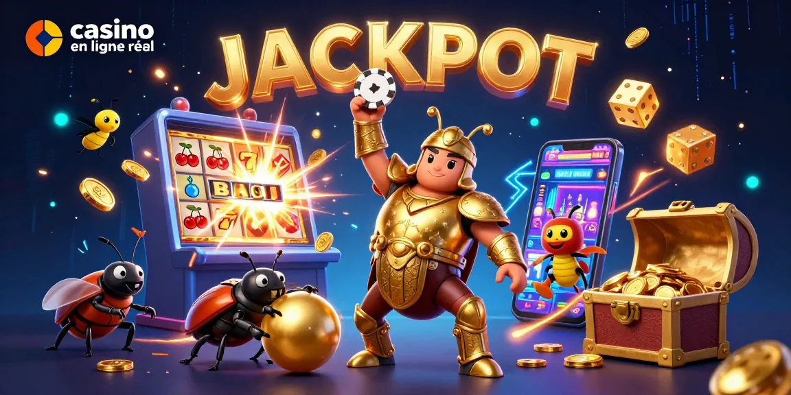 Gagnez gros avec le casino en ligne argent réel, illustré par un scarabée en armure victorieux et des éléments de jeu colorés.