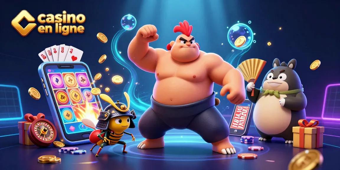 Jouez dans un casino en ligne avec une scène animée illustrant un coq sumo puissant et un crick samouraï.
