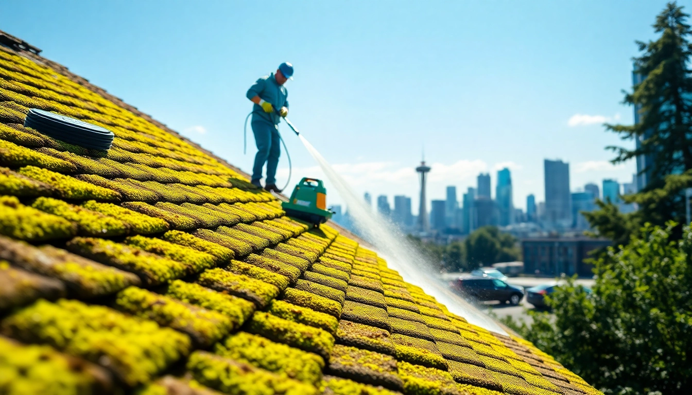 Roof washing Seattle WA service with a technician cleaning a moss-covered roof in Seattle.
