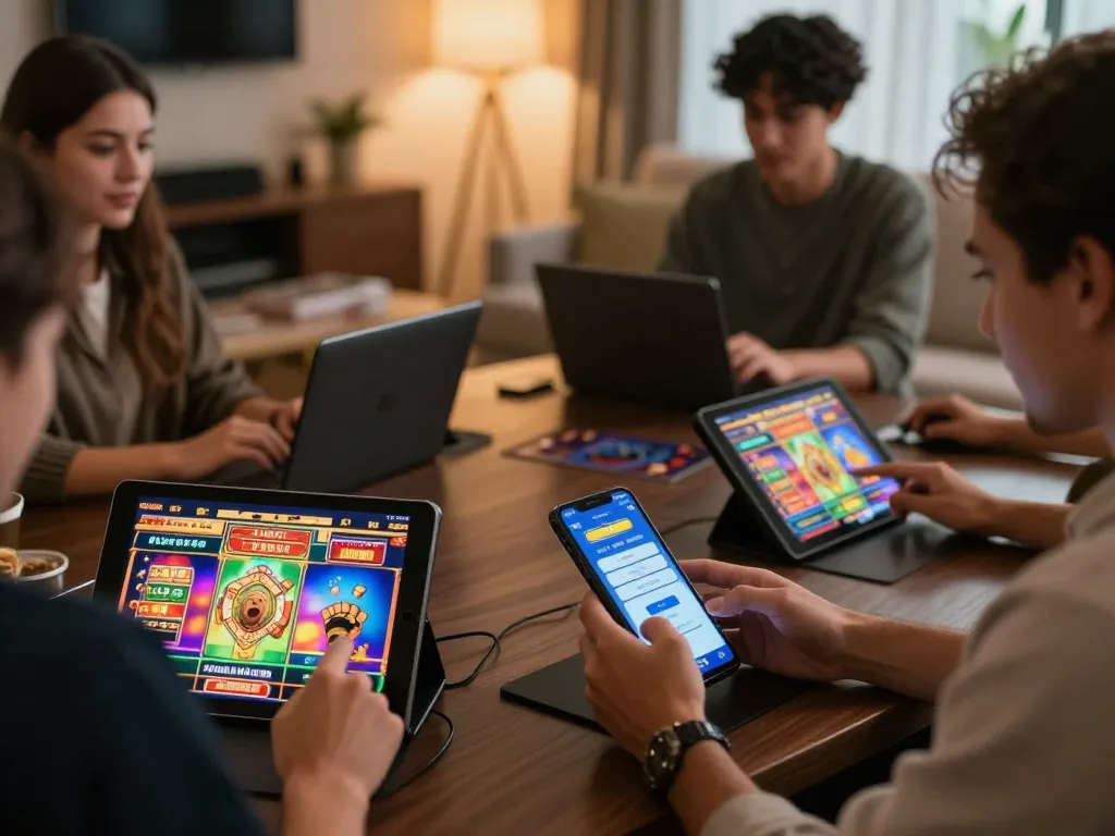 Players enjoying slot deposit 2rb games on mobile devices in a cozy home setting