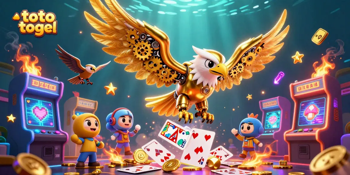 Menangkan permainan toto togel dengan ilustrasi burung rajawali dan kartu holografik berkilau.