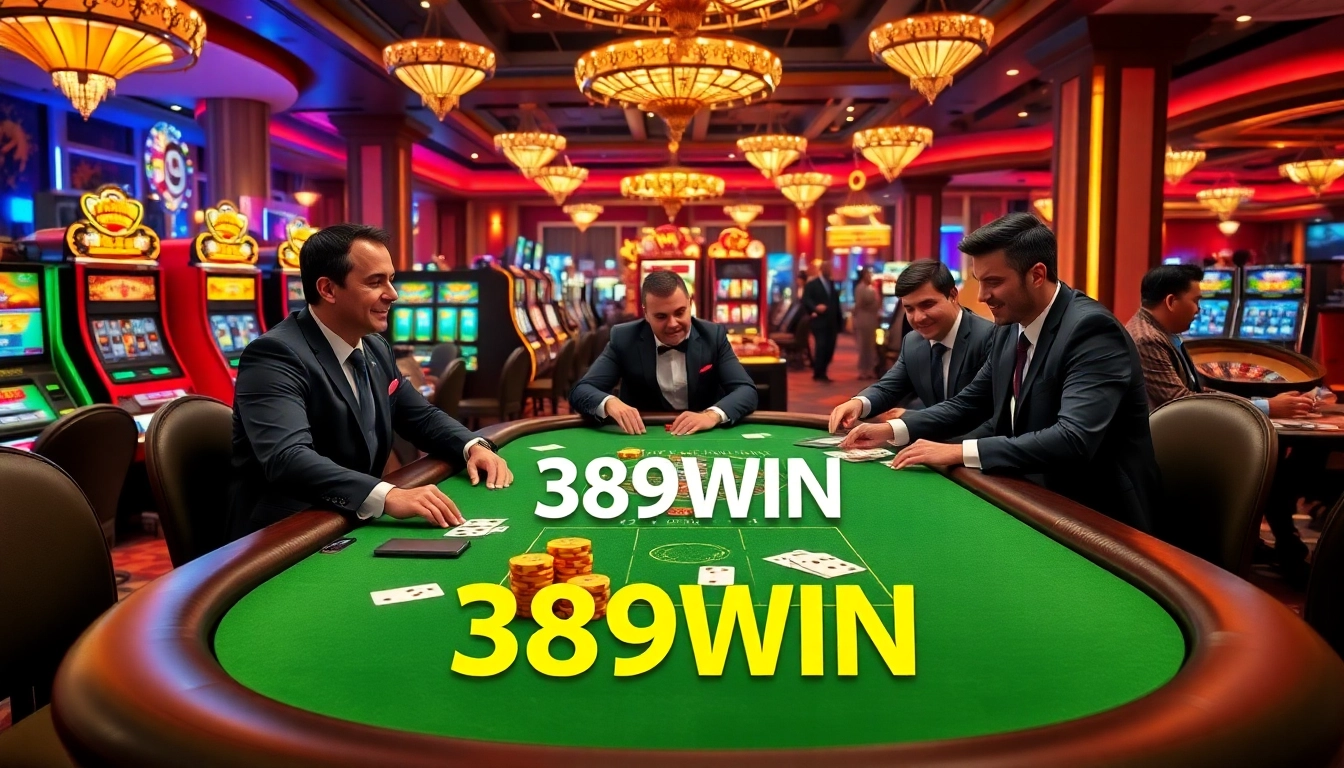 Players engaged in poker at 389WIN, showcasing excitement with chips and cards.
