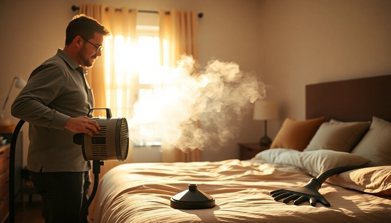 Exterminator conducting bed bug heat treatment with specialized equipment in a well-lit bedroom, showcasing safety and effectiveness.