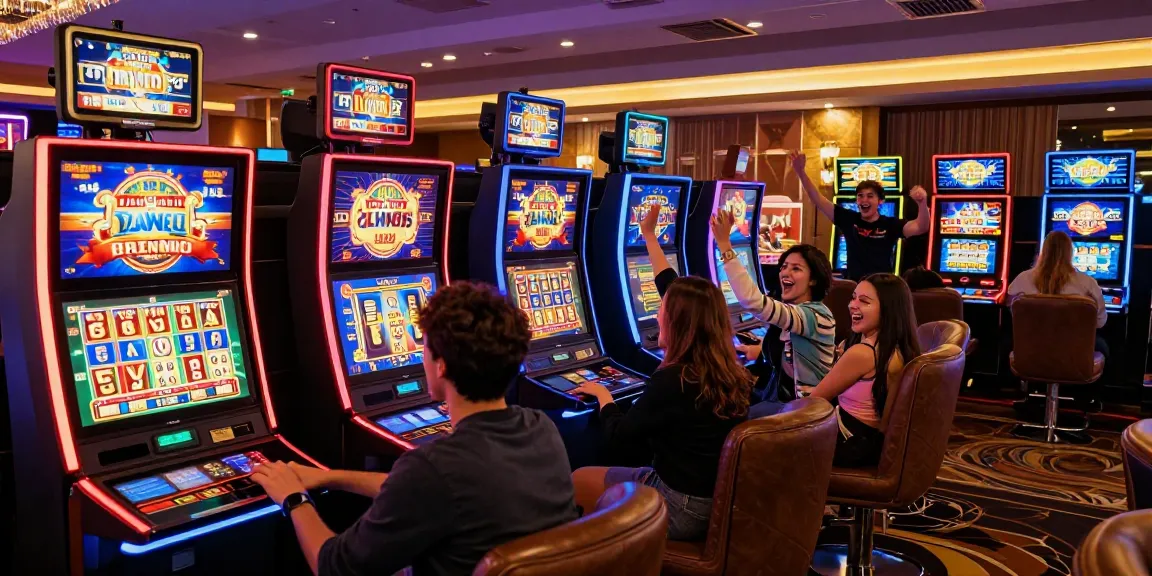 Excited players enjoying slot machines at an online casino with vibrant graphics.