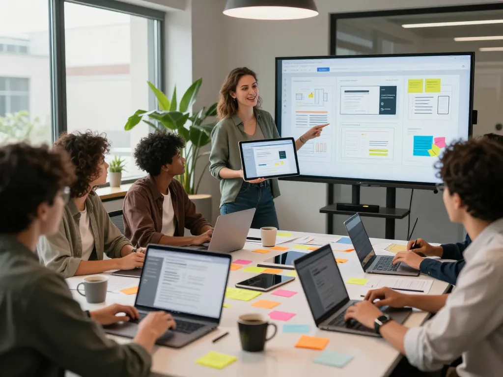 Freelance web designer team brainstorming together around a table, showcasing creative collaboration and innovative ideas.
