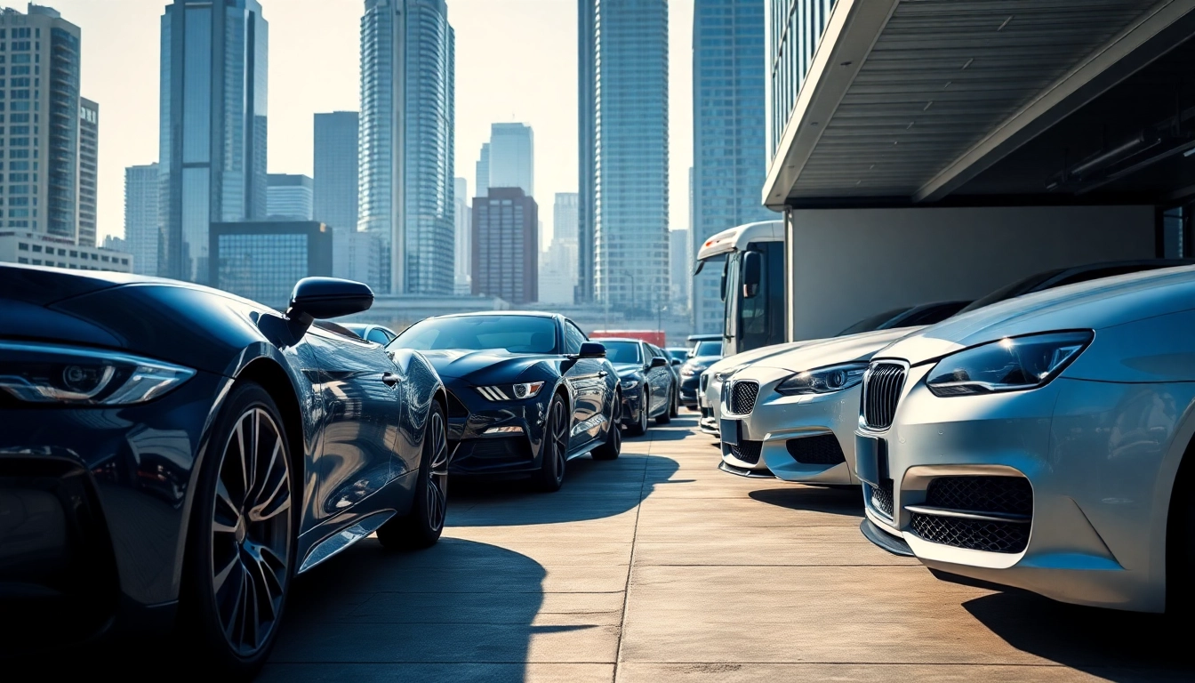Elegant luxury vehicles showcased with https://luxuryautocarriers.com branding in a vibrant urban environment.