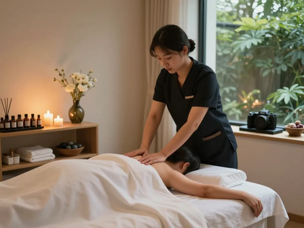 Relaxing spa treatment scene showcasing 동대문스웨디시 massage, tranquil atmosphere with candles and flowers.