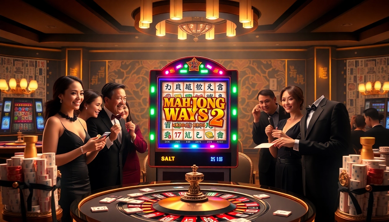 Engaged players enjoying Mahjong Ways 2 slots in a luxurious casino setting.