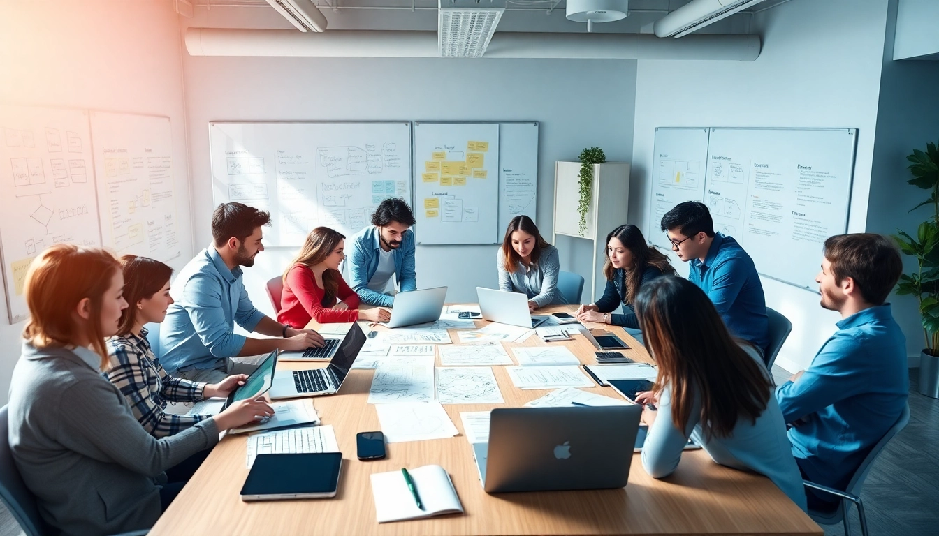Team of developers at a web development company collaborating creatively on a project.