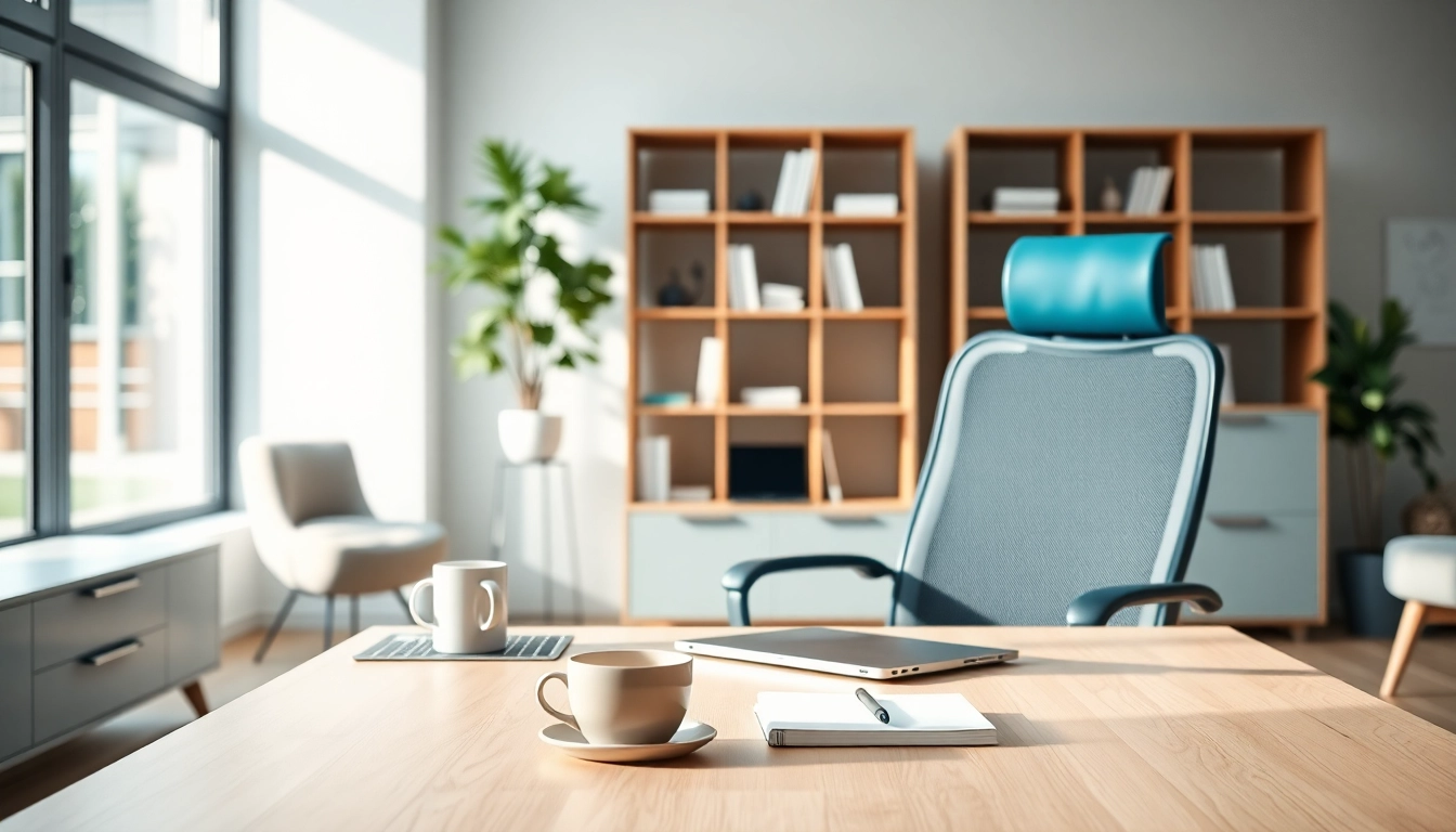 Modern office furniture arrangement featuring a sleek desk and ergonomic chair for productivity.