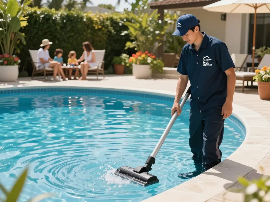 Dolphin Pool Services technician providing expert maintenance on a beautiful pool.