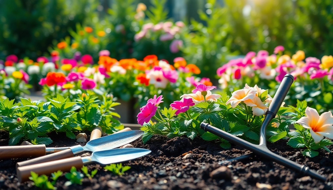 Gardening tools and colorful flowers showcase the beauty of gardening in a serene outdoor setting.