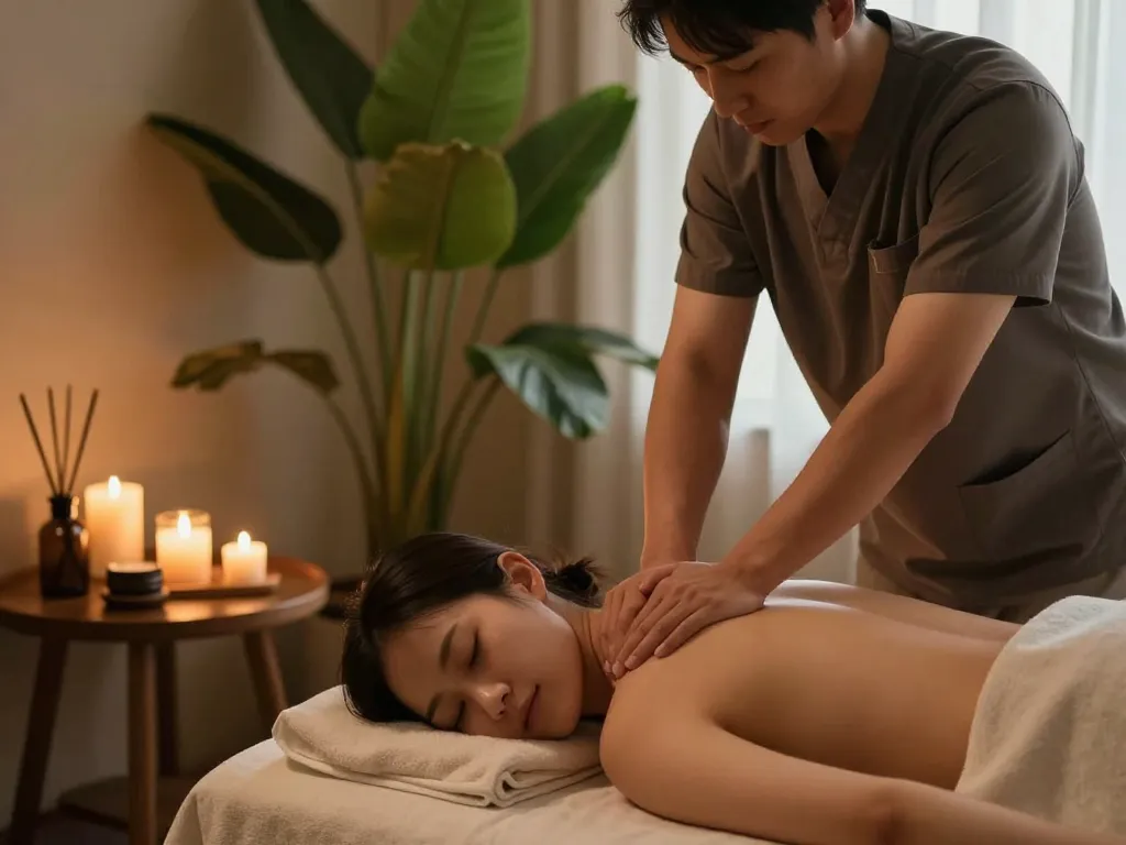 Professional massage therapist providing 포항스웨디시 massage in a tranquil spa setting.
