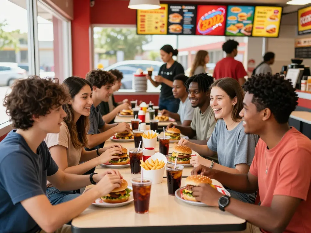 Friends enjoying fast food prices at a lively restaurant with colorful meals.
